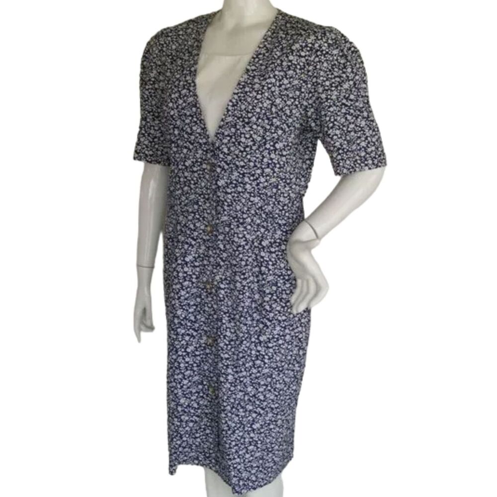 MS. BASIA Dress, VINTAGE 10, Blue Floral, Golden buttons, Short sleeve, Insert - Picture 3 of 14